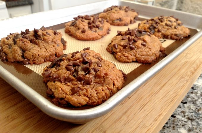 Gluten-Free Peanut Butter Chocolate Chunk Cookies on a cookie sheet
