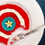 Captain America Shield Pancakes, red white blue pancakes with folk and banana star on white plate