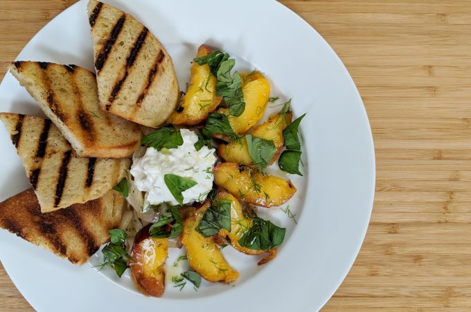 Grilled Summer Peach Salad // Tiny Kitchen Big Taste on white plate with burrata cheese and grilled bread