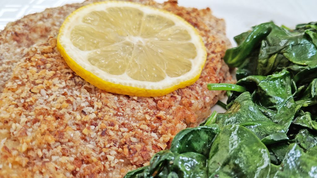 Keto Almond Crusted Fish with lemon and spinach